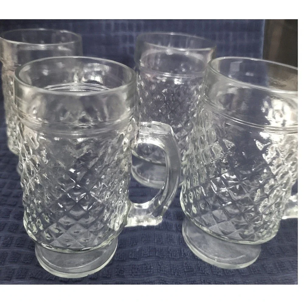 Set of 4‎ Vintage Anchor Hocking Quilted Clear Glass Mugs Diamond Point Pattern